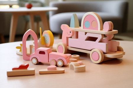 Pink wooden cars a children's toy for playing and building. Brain and skill developing. Living room in the background. Copy space. High quality photoの素材