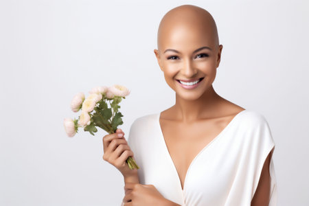 A woman in a white shirt with cancer after chemotherapy and no hair smiling and holding white rose on a pink background. Copy space. High quality photoの素材