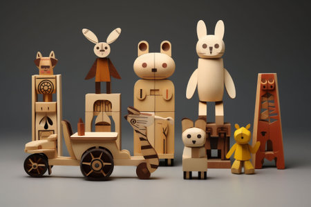 Wooden engineering construction with wood animals a children's toy for building and playing. Brain and skill developing. Black background. . High quality photoの素材