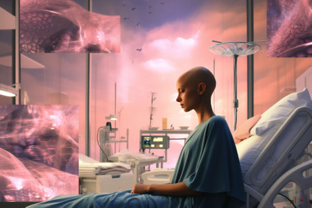 A side profile of a woman in a hospital with cancer after chemo Future solutions to sickness Pink cell pictures on the background. High quality photoの素材