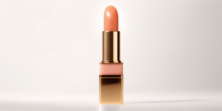 An peach fuzz color lipstick in a golden case on a white background. Make up a product show off. Copy space. High quality photoの素材