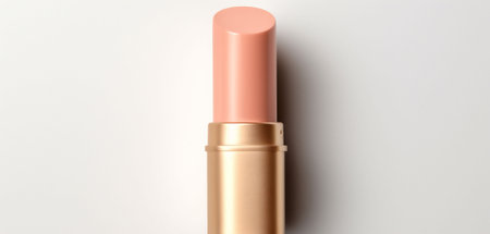An peach fuzz color cylinder shaped lipsticks top in a golden case on a white background. Make up a product show off. Copy space. High quality photoの素材