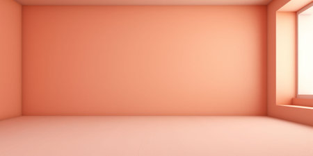A banner with an empty peach fuzz color room with a window and a and a lighter shade floor. Copy space. Background for text. High quality photoの素材