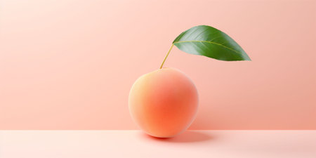 A banner with an orange isolated peach with a green leaf on a peach fuzz color background. Fruit Copy space. High quality photoの素材