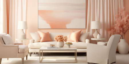 A banner with a gradient peach fuzz color room wall and a beige wood floor. Copy space. Background for text. High quality photoの素材