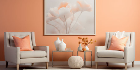 A banner with a gradient peach fuzz color room wall and a beige wood floor. Copy space. Background for text. High quality photoの素材