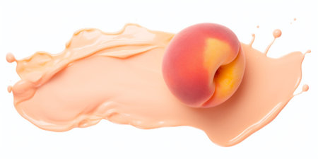 A banner with an bright orange isolated peach on a peach fuzz color splash puddle with a white background. Fruit Copy space. High quality photoの素材