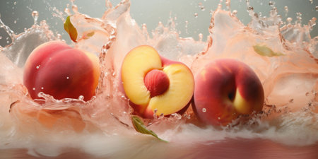 A banner with an bright orange and red isolated peaches in a splashy liquid both whole and half with peach fuzz color background. Fruit Copy space. High quality photoの素材