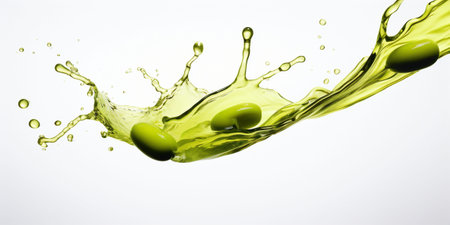 Olive Oil Splash with Organic Olives and Leaves on White Background, Perfect banner for Culinary Enthusiasts, Health-conscious Cooking, and Mediterranean Gourmet Concepts. High quality photoの素材