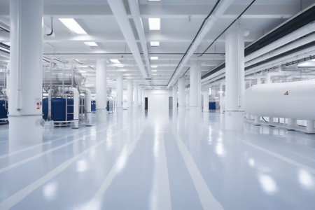 Sterile Factory Interior with White Halls, Cisterns, and Pipes, Ideal for Industries Processing Various Liquids Such as Milk, Oil, Fuel, Juice, Alcohol and Water with Copy Space. High quality photoの素材