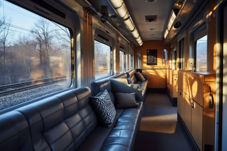 Exclusive Train Retreat: Modern Luxury Interior of train coach with Couch, Chairs and Tables Creating a Lavish Ambiance, Perfect for Premium Travel Concepts with Copy Space. High quality photoの素材