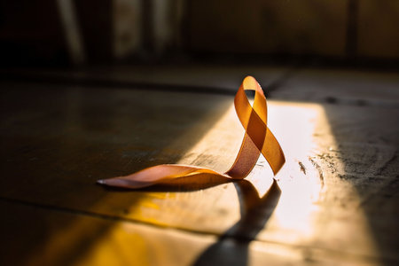 World cancer day banner with curled purple ribbon loop in sunshine. An idea of hope for cancer patients. High quality photoの素材