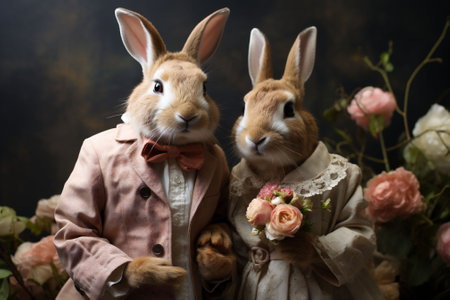 A beige rabbits couple in a white and pink jackets looking at the camera with flowers in paws and a gray background. Easter bunnies. Copy space. High quality photoの素材