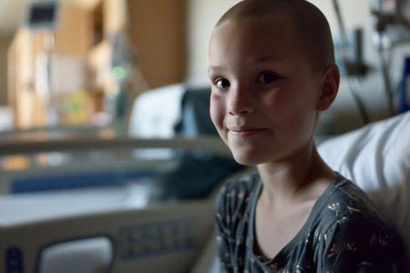 Bald Girl After Chemo Sitting in Hospital, Capturing Resilience and Hope, Ideal for Cancer Awareness Campaigns, Charity Initiatives, and Medical Empowerment. Courageous Survivor. High quality photoの素材