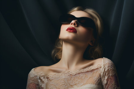 A woman in a beige dress her eyes closed with red lips black round sunglasses and blond hair on a black fabric background. A close up model. Dark background. Copy space. High quality photoの素材