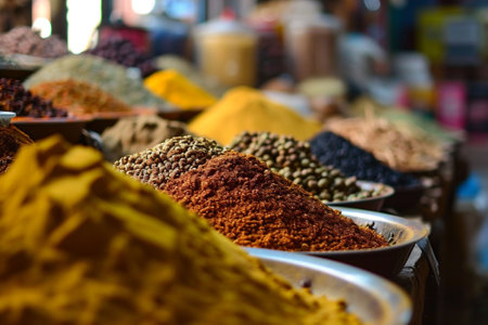 Bowls with spices in market. Culinary Riches, Inviting You to Craft Global Delicacies with Authentic Ingredients. Copy space. High quality photoの素材