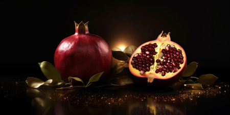 Pomegranate fruits on a Dramatic dark Backdrop, bokeh lights on black background. Ideal for Health and Wellness Themes. Sculpted Pomegranate Beauty. Copy space. High quality photoの素材