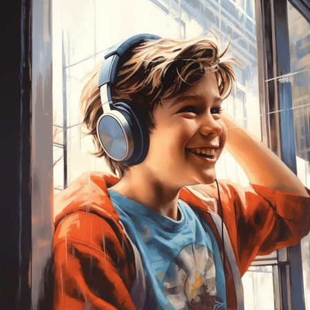 Portrait of a cheerful smiling teenage boy wearing headphones listening to music. Copy space. High quality illustrationの素材