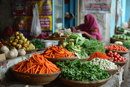 Baskets full with colorful vegetables in a market in India. Stalls products and woman in the background. Copy space. High quality photoの素材