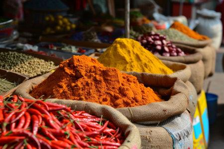 Close up Bags Packed with colorful Spices, grains, nuts and Herbs for Diverse Culinary Experiences. Copy space. High quality photoの素材