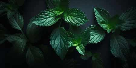Mint Leaves Shine on a Bold Black Background, Inviting Culinary Creativity, Herbal Experiences, and Captivating Visual Inspirations with copy space. High quality photoの素材
