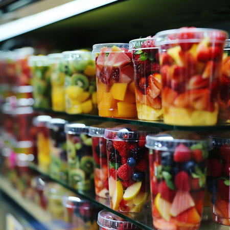 Fresh salad of berries and pieces of fruit in a plastic glass to take away as a snack. Kiwi, strawberry, mango, blackberry in cup. Unsustainable packaging. Copy space. . High quality photoの素材