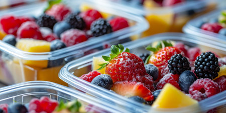 Fresh salad of berries and pieces of fruit in a plastic glass to take away as a snack. Kiwi, strawberry, mango, blackberry in cup. Unsustainable packaging. Copy space. . High quality photoの素材