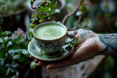Modern Enchantress Vibes: Woman's Hands Adorned with Tattoos Hold a Cup of Nutrient-Packed Matcha Latte, Blending Wellness with Mystical Charm. High quality photoの素材