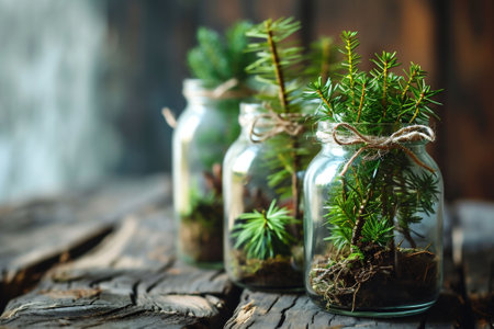 Three glass jars with green fir tree seedlings on old wooden table. Glass Jars Embrace Fir Tree Seedlings, Conveying a Tale of Reforestation, Environmental Guardianship. High quality photoの素材