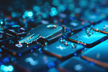 A key on a keyboard with blurred lights and drops of water. A cybersecurity illustration, access control, encryption. Copy space. High quality photoの素材