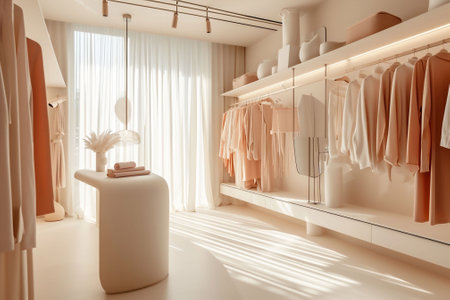 White and pink girl's aesthetic walk in closet room, cabinets with peach fuzz color clothes hanging and a self with flowers and folded clothes. Copy space. High quality photoの素材