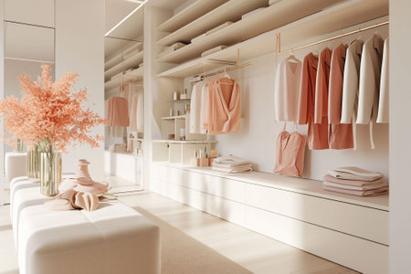White and pink girl's aesthetic walk in closet room, cabinets with peach fuzz color clothes hanging and a couch with flowers for dressing. Copy space. High quality photoの素材