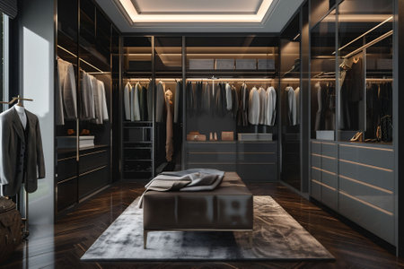 a black men's aesthetic walk in closet, cabinets with dark clothes hanging, suits, and orange LID lights and a dark wood floor with a comfy couch on a rug for sitting. Copy space. High quality photoの素材