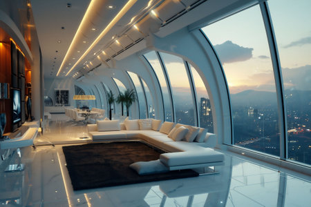 Futuristic living room with giant window overlooking a city at night, sofas with pillows on carpets and marble floors, LED lights and a bar area in the background. Copy space. High quality photoの素材