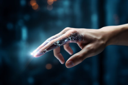 Digital Evolution in Human Touch, Cybernetic Finger Pointing, Embracing Technological Change and Connectivity. High quality photoの素材