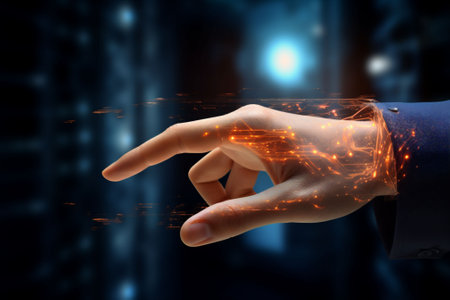 Digital Age Direction, Human Hand with Cybernetic Glow Pointing Forward, Symbolizing Innovation and Future Pathways. High quality photoの素材