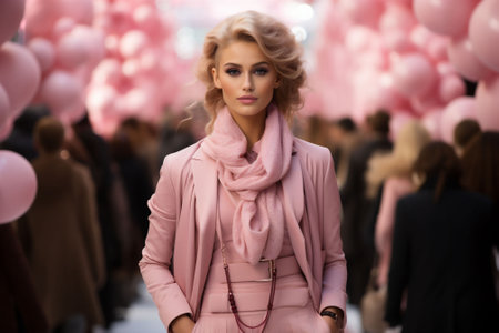 Glamorous Woman in Chic Pink Attire at an Elegant Event, Surrounded by Balloons, Epitomizing High-Fashion and Celebration. High quality photoの素材