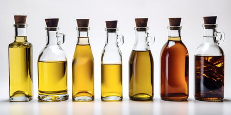 Assortment of Oils in Glass Bottles with Corks on a White Background, Variety in Oils. High quality photoの素材