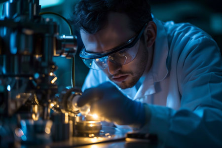 A meticulous scientist in a lab coat and safety glasses is focused on adjusting delicate equipment in a laboratory setting, showing precision and concentration. High quality photoの素材