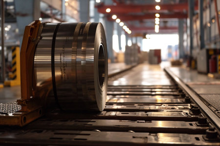 Steel Ready for Processing on the Factory Floor. A steel coil rests on the factory floor, with the industrial setting blurred in the background. High quality photoの素材