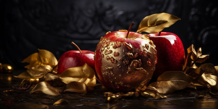 Golden Apple Amongst Red Counterparts with Golden Leaves. An artistic still life of apples, one painted gold, amidst golden leaves against a dark embossed background. High quality photoの素材