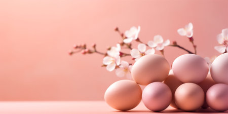 A Banner with Beige Eggs and Fragrant Peach Blossoms Against a Peach Backdrop, Embodying the Essence of Spring. High quality photoの素材