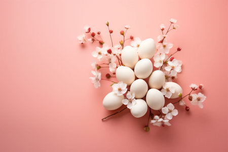 Beige Easter Eggs and Lively Peach Blossoms Set Against a Peach Background, Crafting a Spring Banner Scene. High quality photoの素材