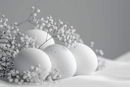 Softly Lit Easter Eggs Nestled Among Baby's Breath on a Draped Cloth Capture a Mood of Spring Renewal. Copy space. High quality photoの素材
