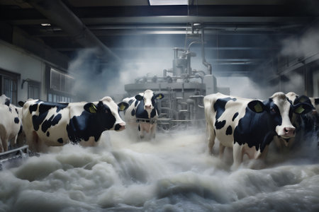 Cows in a surreal industrial milking facility with a milk flood, evoking a fantasy or conceptual art piece about dairy production. Creative or critical food industry commentary. High quality photoの素材