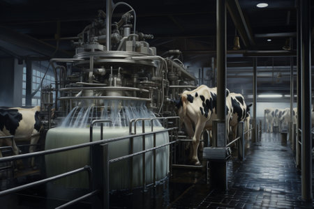 Cows lined up alongside industrial milking machinery, with a moody and dimly lit atmosphere, advanced dairy farming. Could illustrate articles on modern agriculture technology. High quality photoの素材