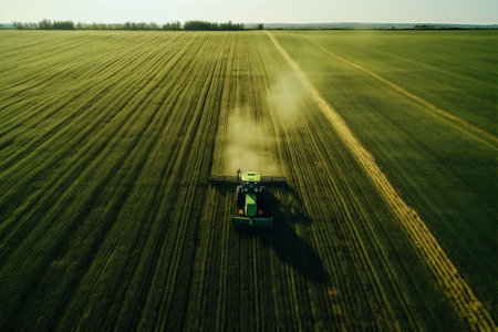 A harvester is seen from above creating patterns in a golden field. The perspective suggests precision and could be used for themes of agriculture and technology. High quality photoの素材
