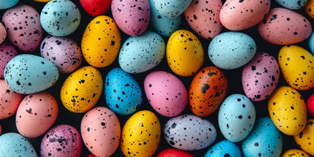 A multitude of speckled Easter eggs fills the frame, a colorful feast for the eyes, ideal for festive backgrounds or event decor. Easter banner, colorful egg background. High quality photoの素材