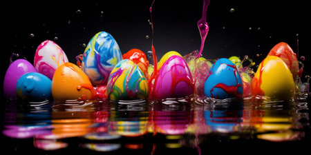 Banner with dynamic paint splashes and colorful Easter eggs in the air - a lively and exuberant celebration of the holiday, perfect for dynamic advertising, creative atmosphere for Easter poster. High quality photoの素材