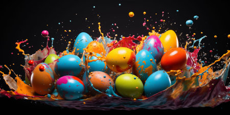 Banner with dynamic paint splashes and colorful Easter eggs in the air - a lively and exuberant celebration of the holiday, perfect for dynamic advertising, creative atmosphere for Easter poster. High quality photoの素材